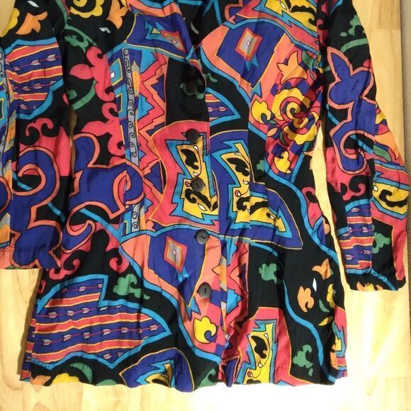 Vintage Paris Blues Abstract Geometric Pattern Blouse Shirt - Picture 2 of 7